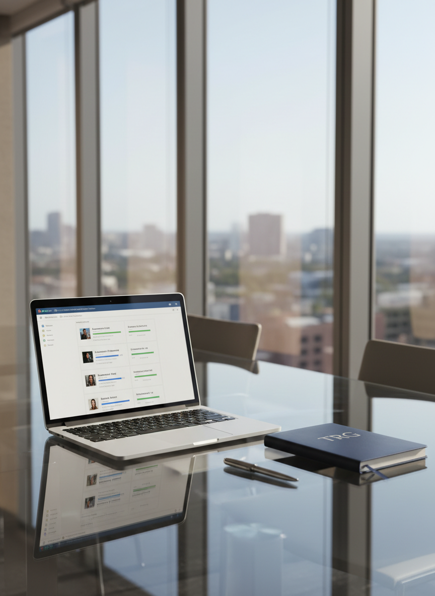 A sleek glass-topped conference table arranged with a neatly open silver laptop displaying a clean dashboard of candidate profiles, a navy-blue notebook with embossed initials, and a single chrome pen aligned perfectly. The table sits in a bright, modern office with floor-to-ceiling windows overlooking a soft-focus city skyline. Mid-morning natural light washes across the glass surface, creating crisp reflections and subtle shadows. The mood is professional and focused, conveying trust and organization. Photographic realism, shot at eye level with a shallow depth of field so the background blurs gently, emphasizing the tools on the table as symbols of thoughtful, relationship-driven recruiting in a clean, modern business setting.