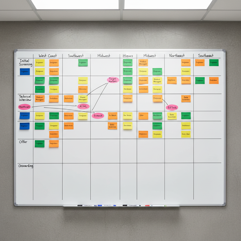 A large, pristine whiteboard mounted on a smooth gray wall, filled with an organized grid of color-coded sticky notes representing different roles, stages, and target markets across the US. Fine-tipped markers rest in a metal tray beneath, with a single blue marker uncapped and lying diagonally. Some notes are connected by thin lines, suggesting thoughtful matchmaking and strategy. Overhead LED panel lighting creates even, shadow-free illumination, giving the scene a crisp, analytical feeling. Photographic realism, shot straight-on with sharp focus across the entire frame, conveying a structured, process-driven approach to recruiting that is still personal and tailored.