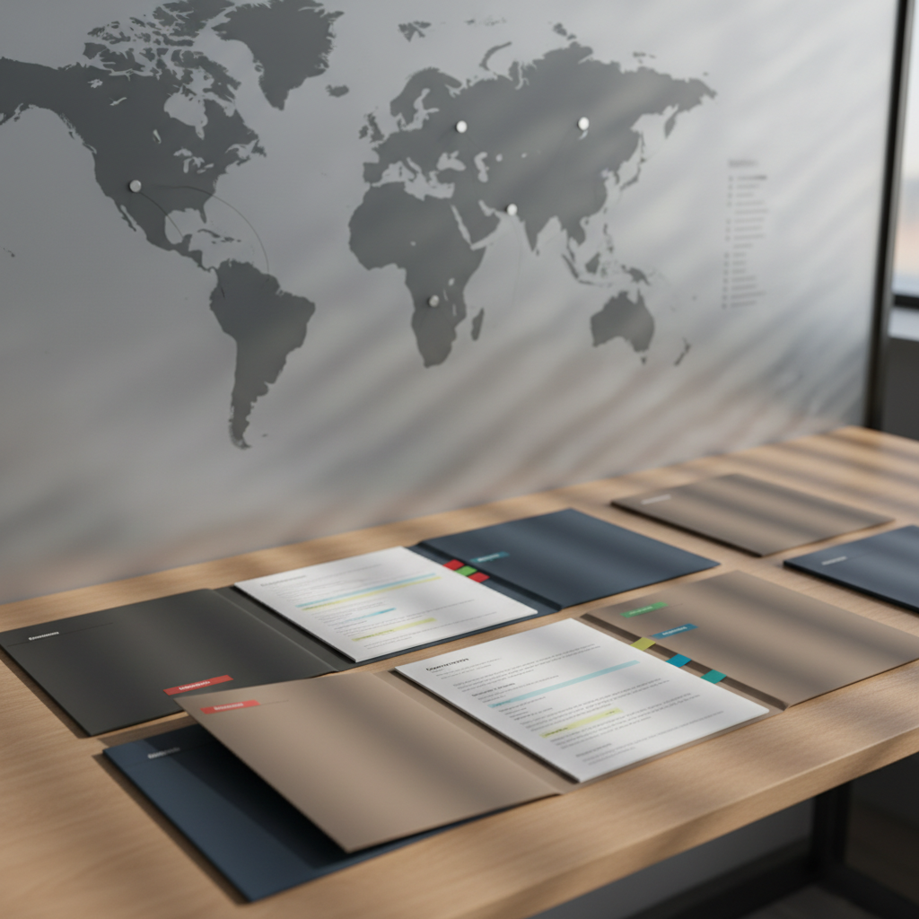 An arrangement of elegant, matte-finished resume folders in muted tones of charcoal, slate blue, and soft taupe fanned across a light oak desk. A single folder in the center is slightly open, revealing neatly formatted pages with highlighted sections and adhesive tabs marking key strengths. In the background, a large frosted-glass wall features a minimal world map decal with subtle pins marking various US cities. Soft, diffused afternoon light filters through unseen blinds, casting gentle linear shadows. The atmosphere is organized and methodical yet warm, emphasizing careful attention to each candidate. Photographic realism, slightly elevated angle, balanced composition with clear focus on the central folder, conveying thorough, nationwide recruiting work.