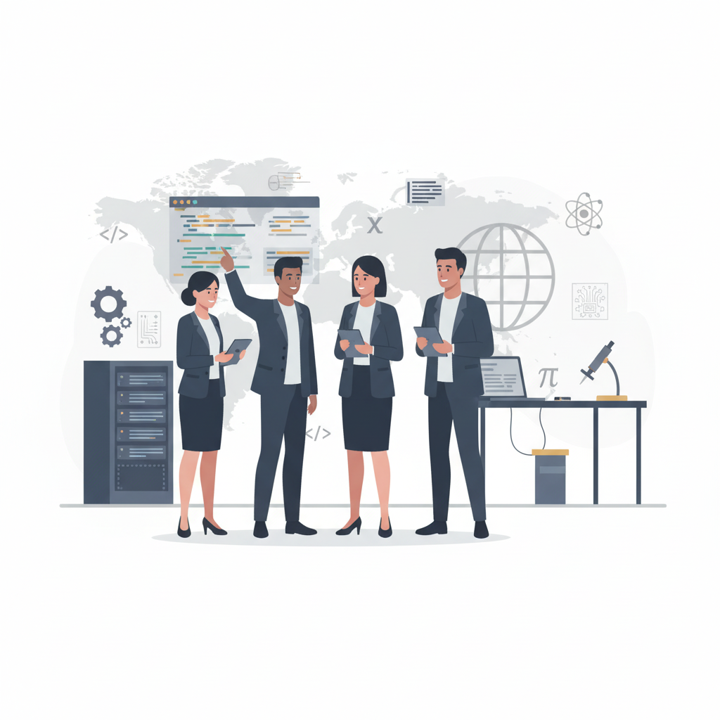 A clean, modern flat-style illustration showing diverse professionals in a tech and engineering environment, surrounded by subtle icons representing code, gears, circuits, and STEM concepts. The color palette should be sophisticated and minimal, matching a professional recruiting brand, with soft accents and plenty of white space.